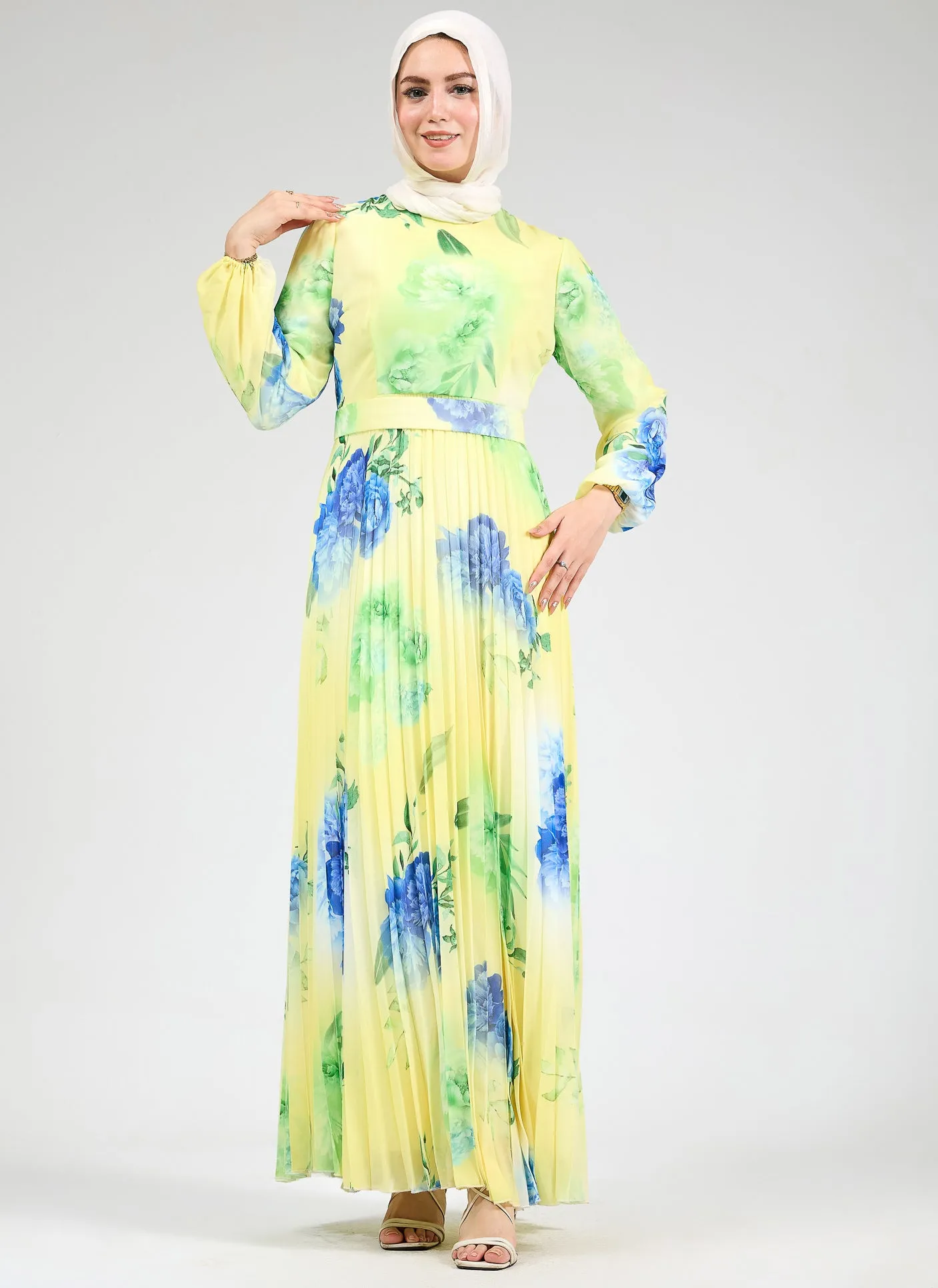 Lubab Floral Chiffon Modest Maxi Dress with Pleated Skirt and Belted Waist