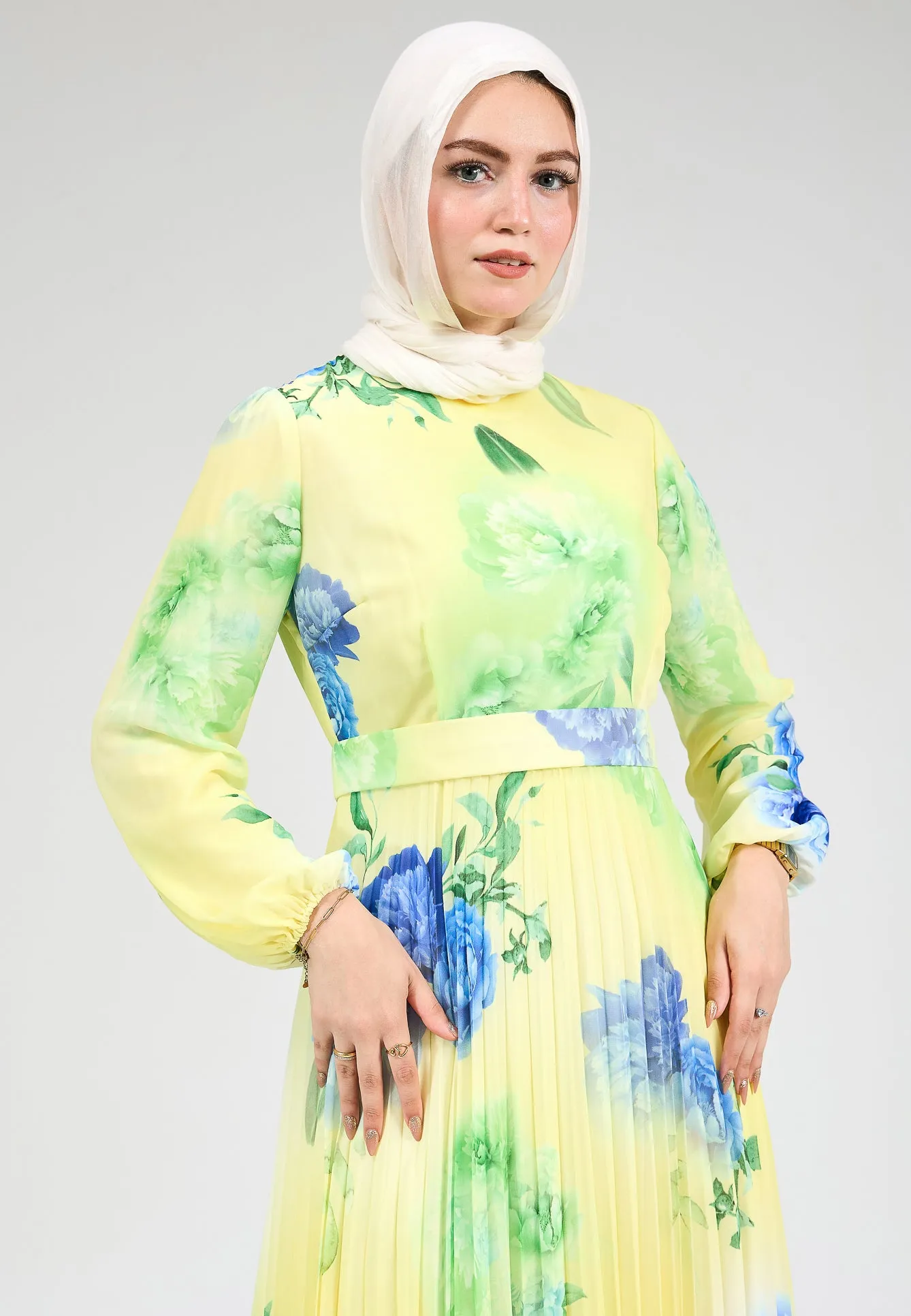 Lubab Floral Chiffon Modest Maxi Dress with Pleated Skirt and Belted Waist