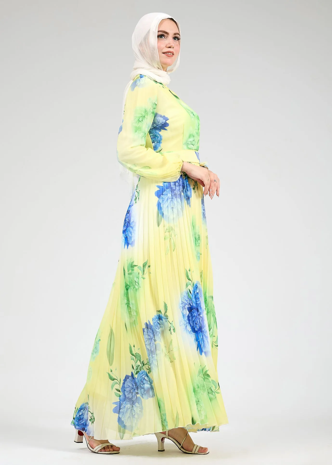 Lubab Floral Chiffon Modest Maxi Dress with Pleated Skirt and Belted Waist