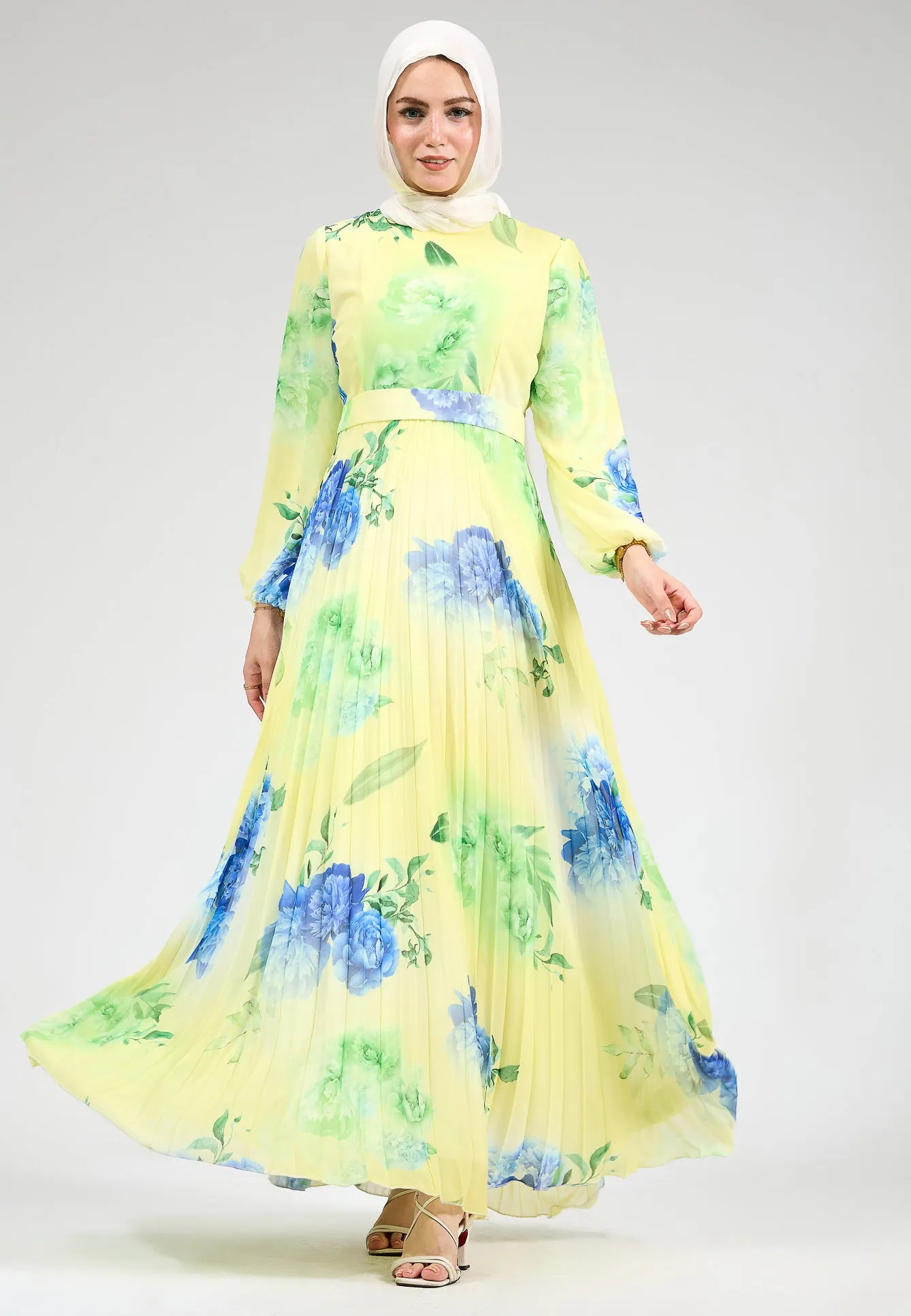 Lubab Floral Chiffon Modest Maxi Dress with Pleated Skirt and Belted Waist