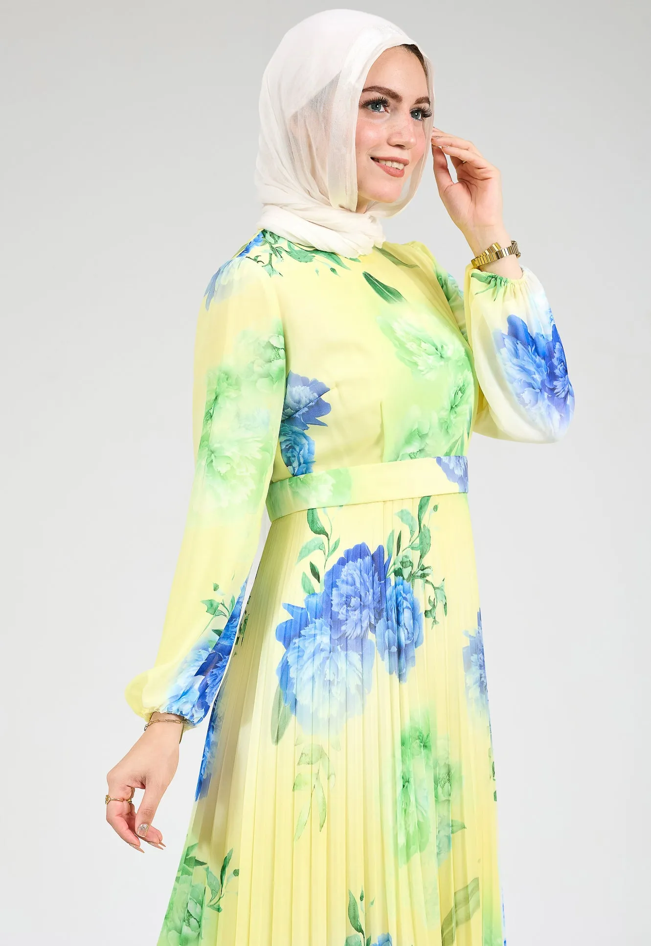 Lubab Floral Chiffon Modest Maxi Dress with Pleated Skirt and Belted Waist