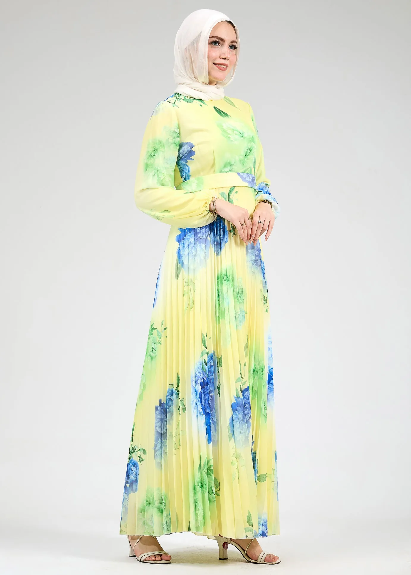 Lubab Floral Chiffon Modest Maxi Dress with Pleated Skirt and Belted Waist