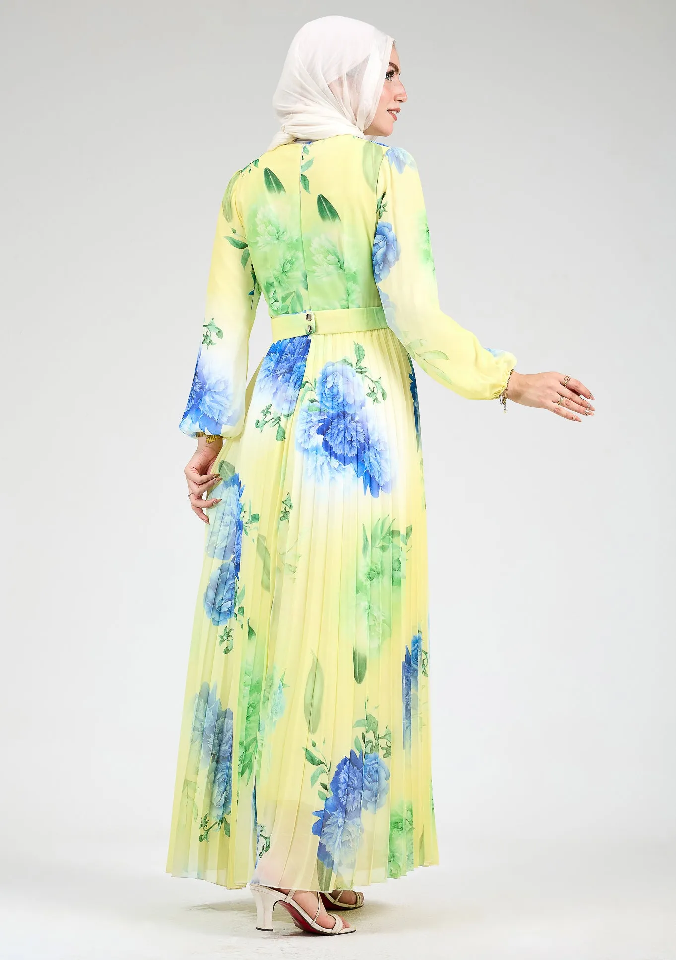 Lubab Floral Chiffon Modest Maxi Dress with Pleated Skirt and Belted Waist