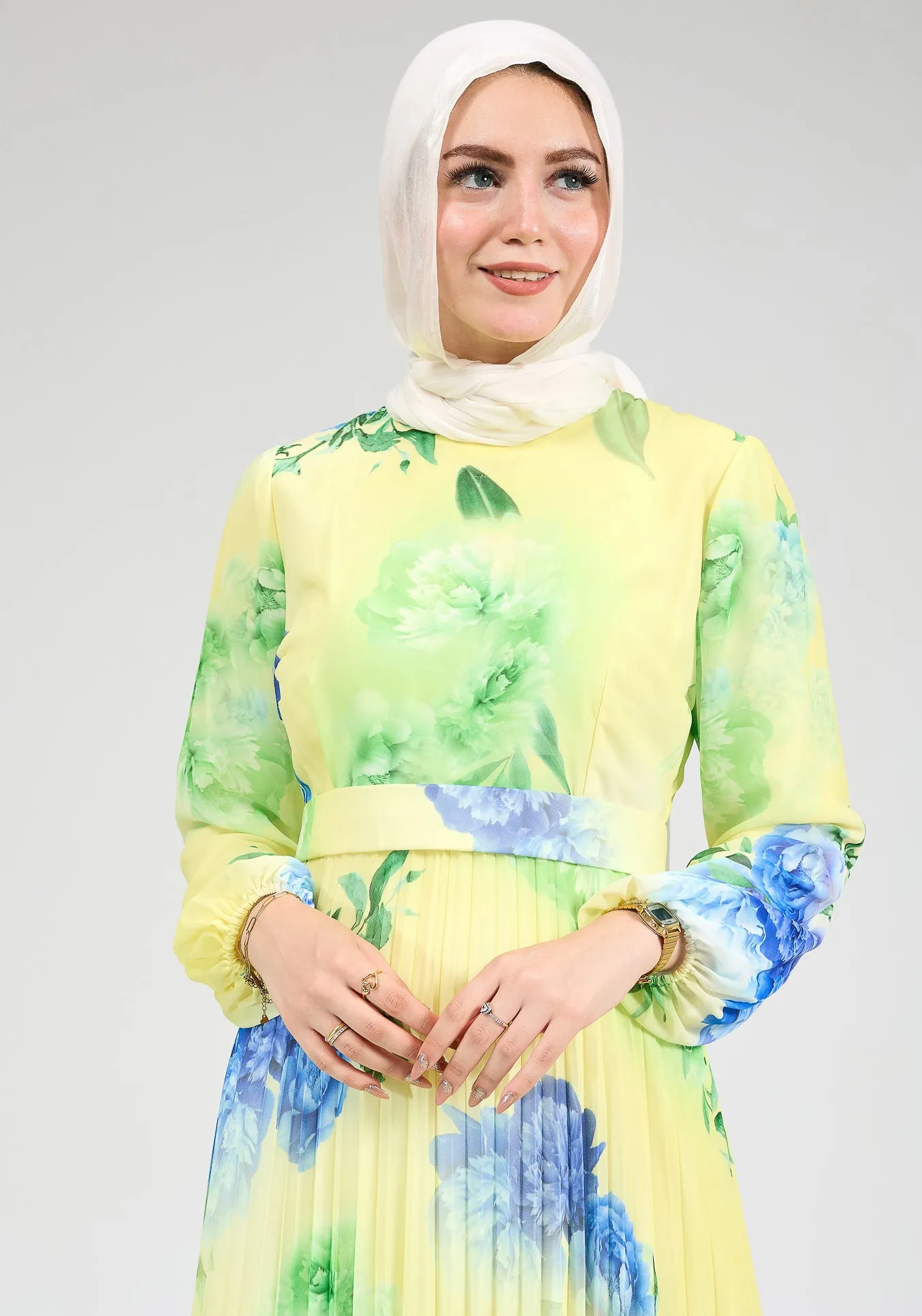 Lubab Floral Chiffon Modest Maxi Dress with Pleated Skirt and Belted Waist