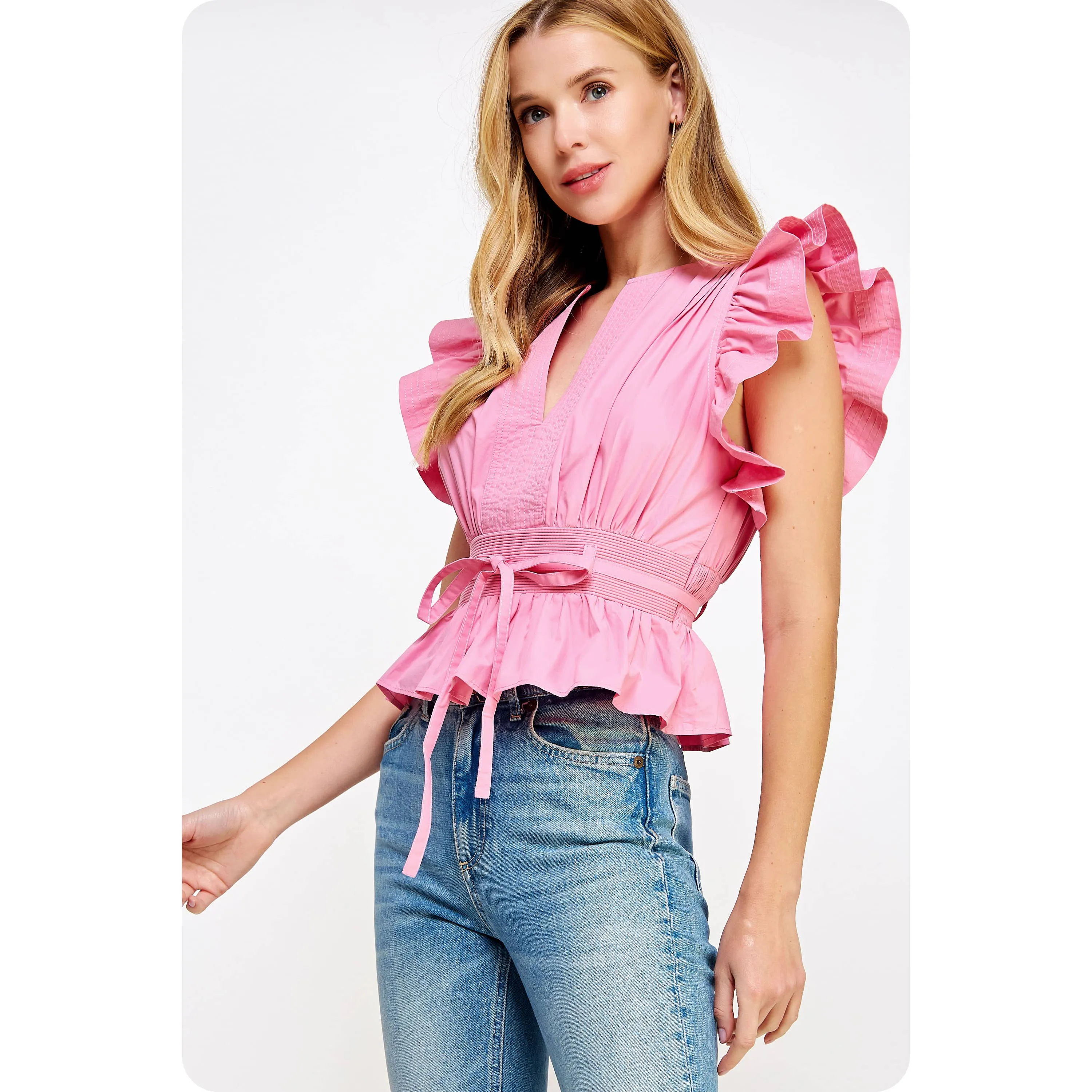Lucky Me Flutter Sleeve Peplum Poplin Top: Pink