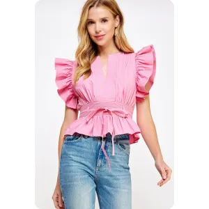 Lucky Me Flutter Sleeve Peplum Poplin Top: Pink