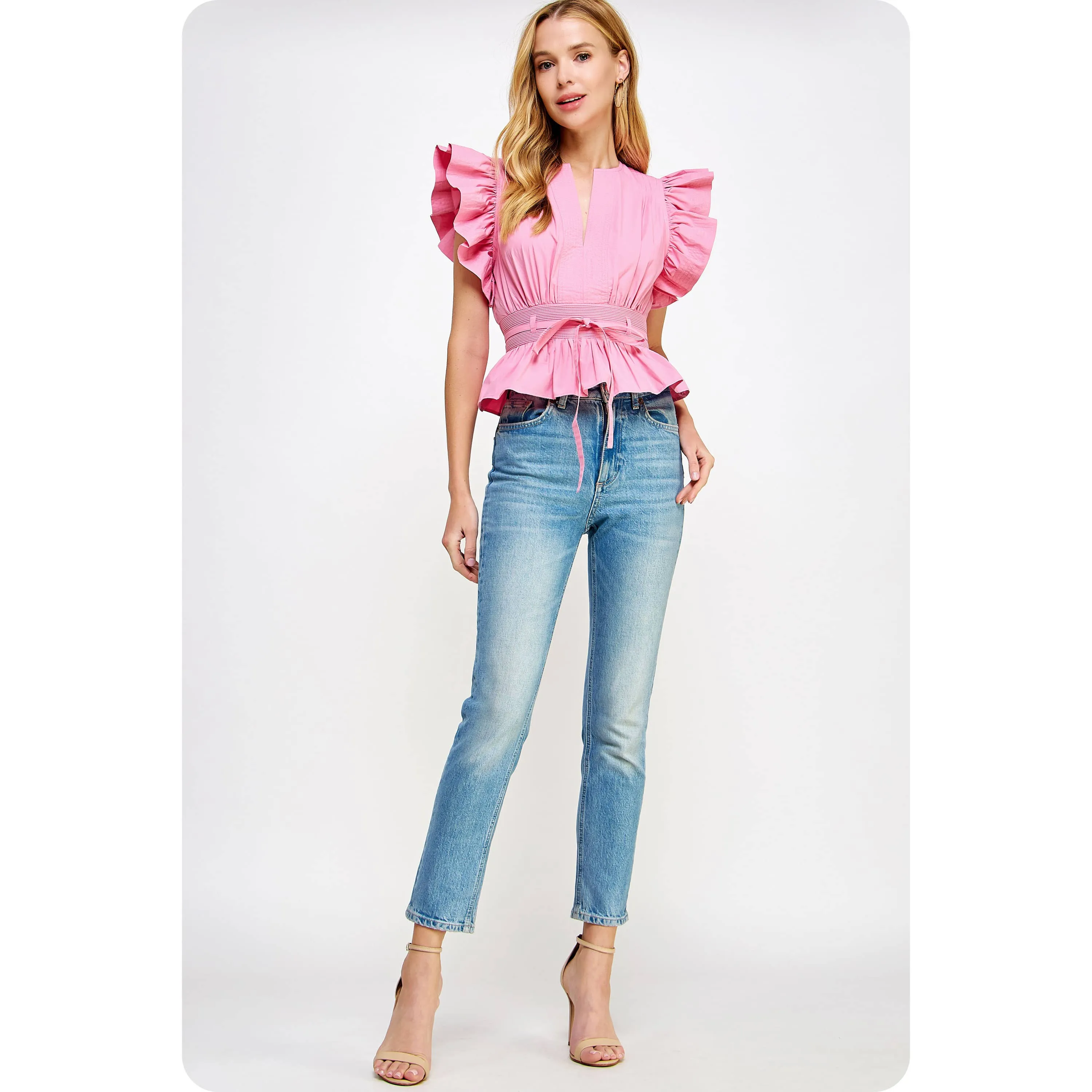 Lucky Me Flutter Sleeve Peplum Poplin Top: Pink