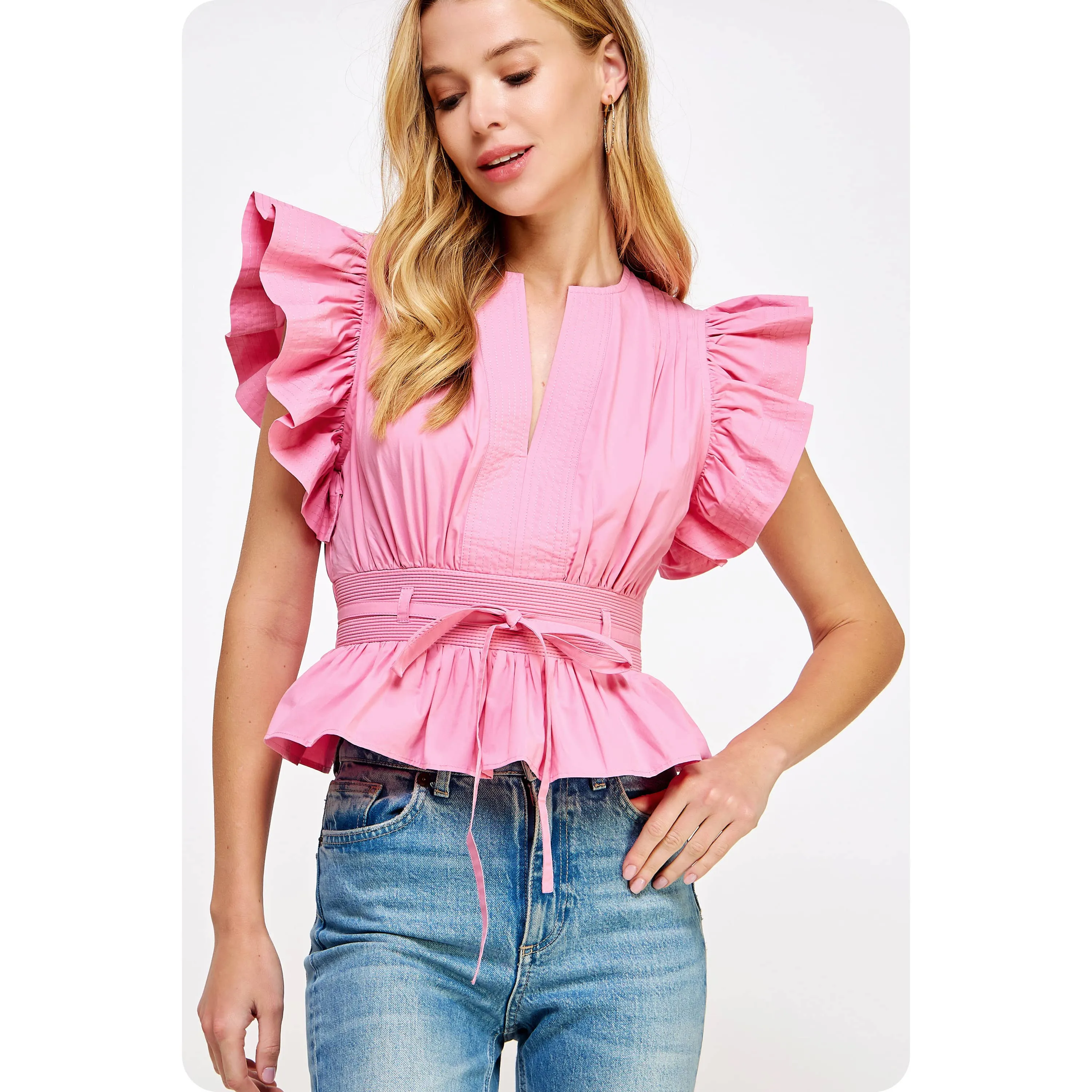 Lucky Me Flutter Sleeve Peplum Poplin Top: Pink