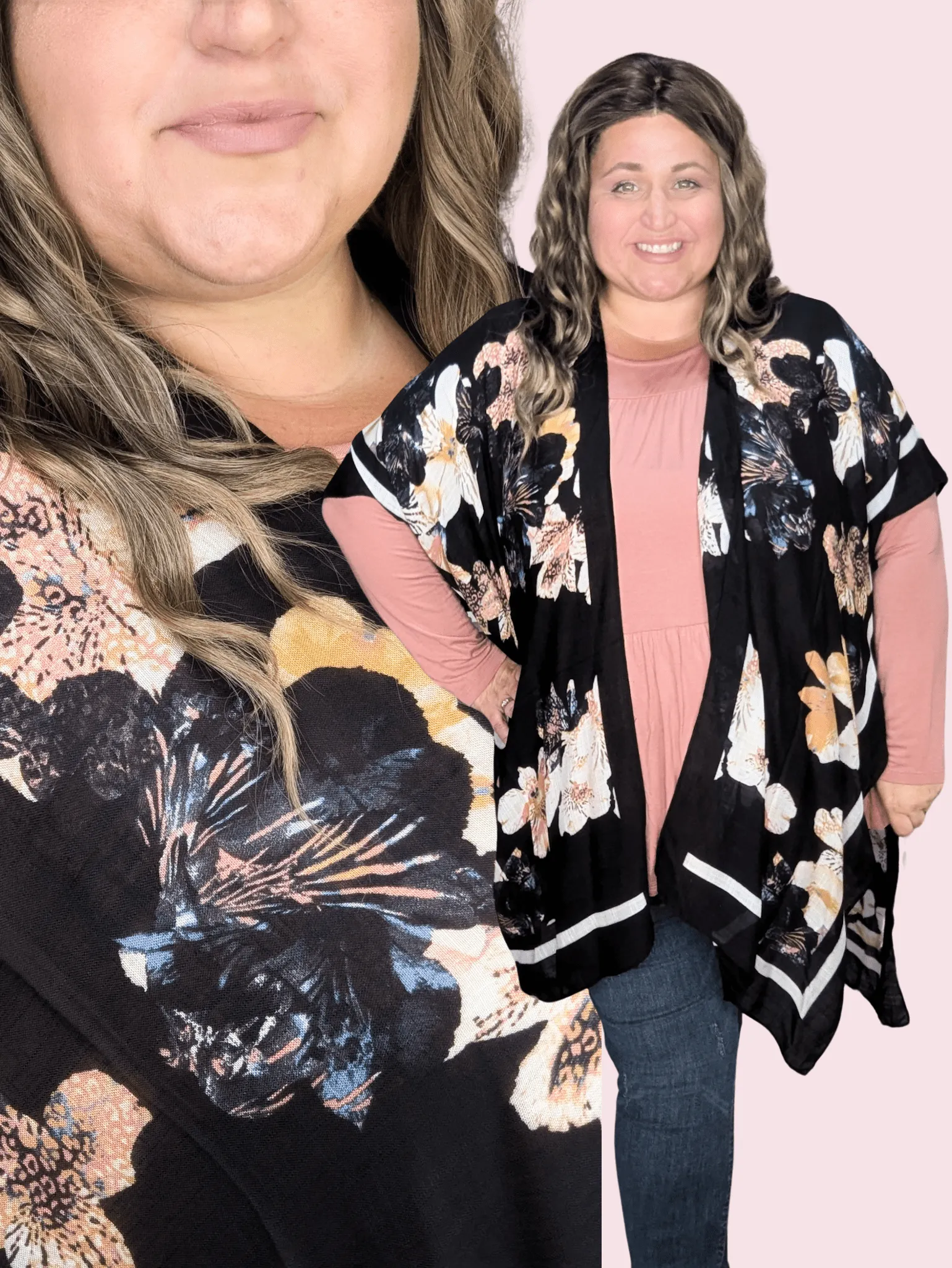 Lucy Floral Print Kimono in Black Neutrals