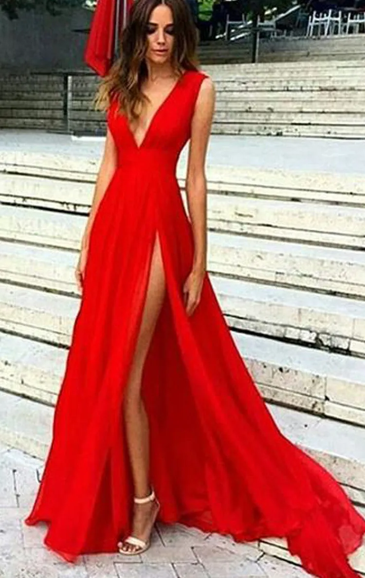 MACloth Deep V Neck Chiffon Long Prom Dress Sexy Formal Evening Gown