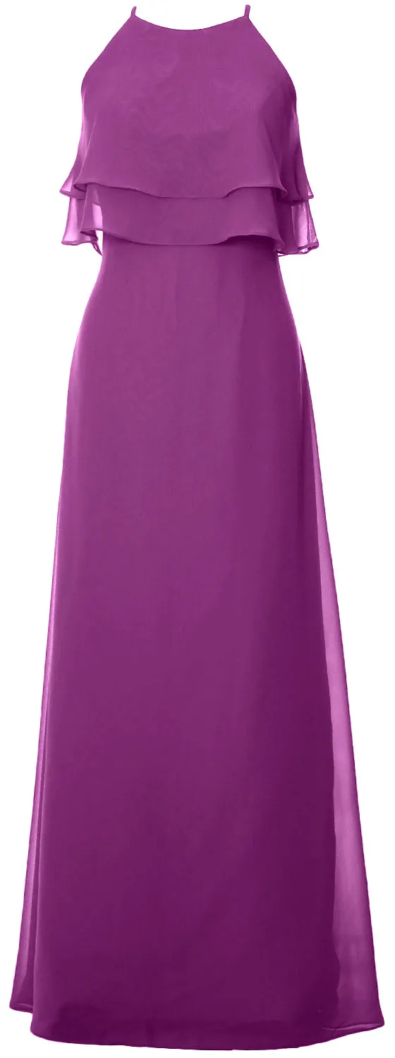 MACloth Elegant Long Bridesmaid Dress Tiered Chiffon Wedding Party Formal Gown