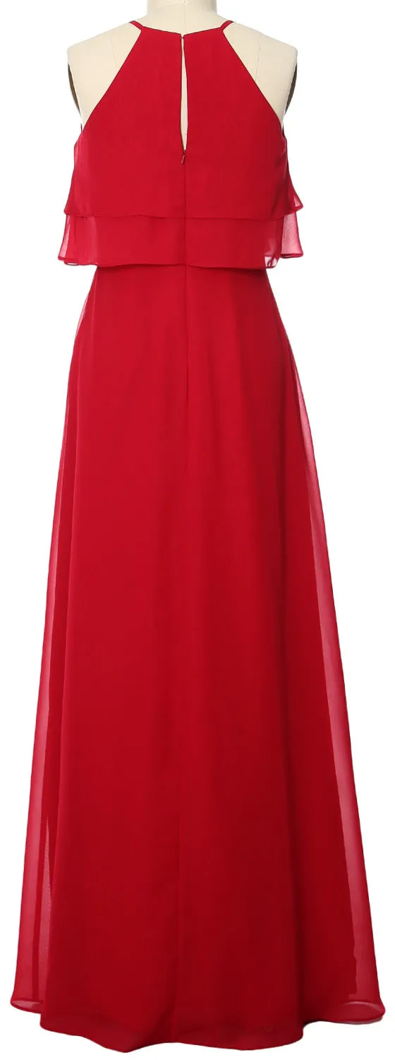 MACloth Elegant Long Bridesmaid Dress Tiered Chiffon Wedding Party Formal Gown