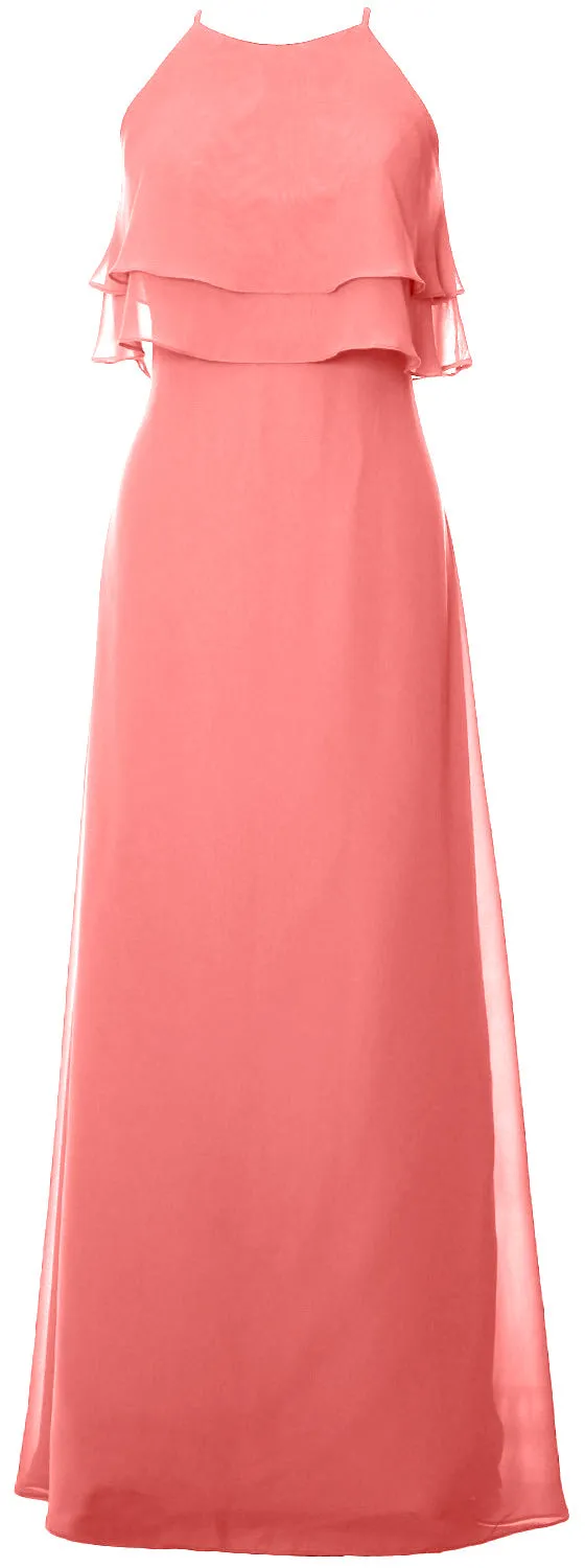 MACloth Elegant Long Bridesmaid Dress Tiered Chiffon Wedding Party Formal Gown