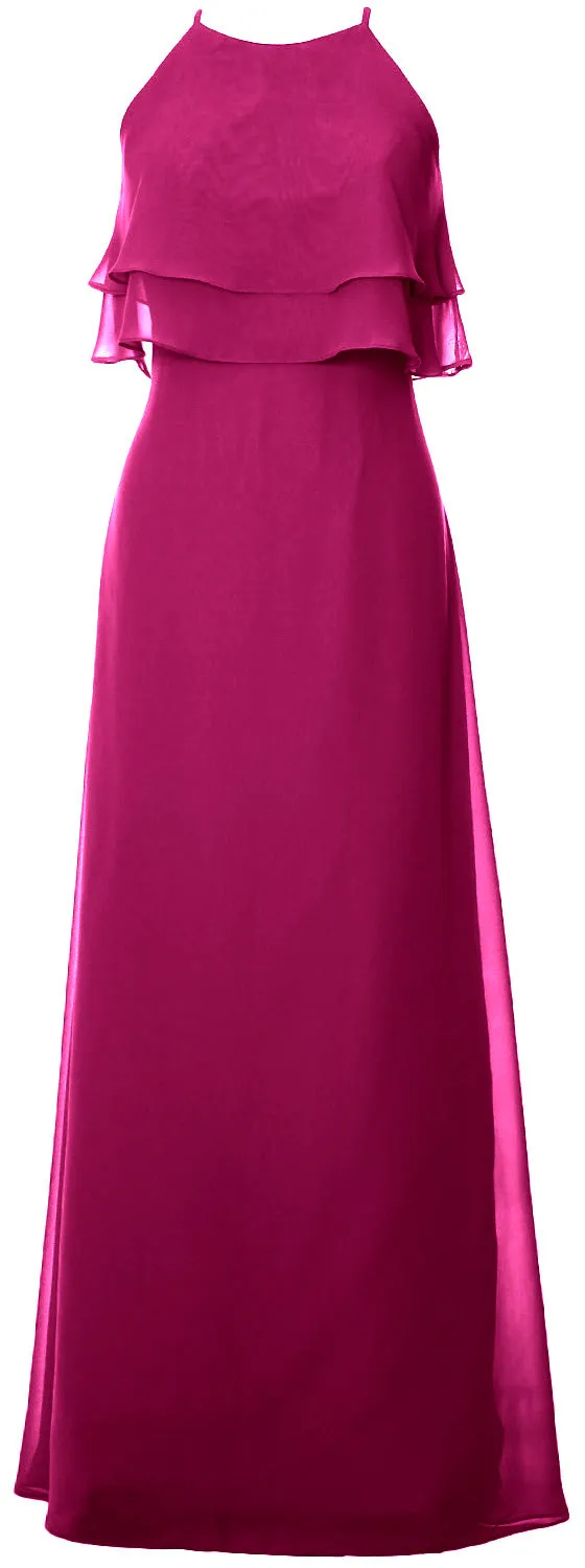 MACloth Elegant Long Bridesmaid Dress Tiered Chiffon Wedding Party Formal Gown