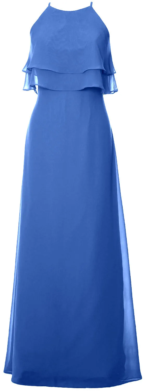MACloth Elegant Long Bridesmaid Dress Tiered Chiffon Wedding Party Formal Gown