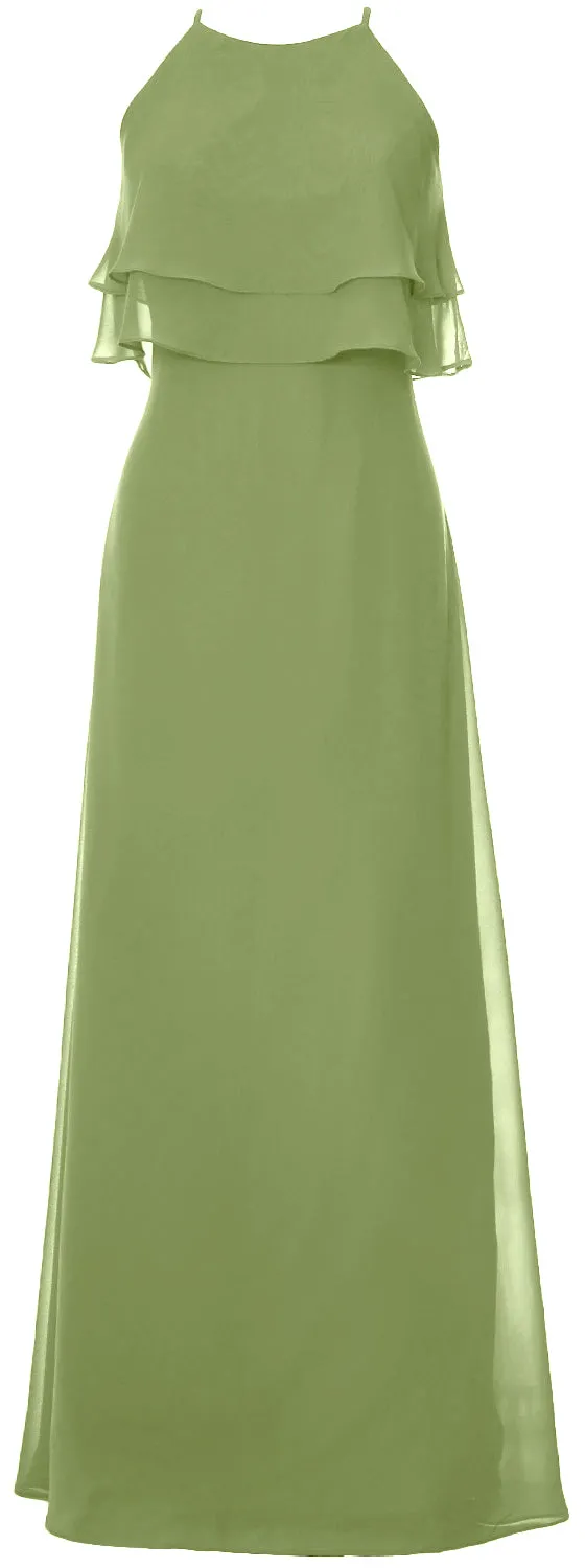 MACloth Elegant Long Bridesmaid Dress Tiered Chiffon Wedding Party Formal Gown