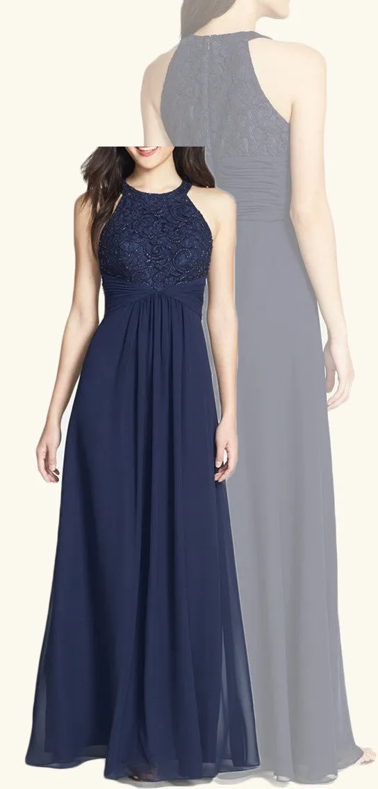 MACloth Halter Lace Chiffon Long Bridesmaid Dress Dark Navy Prom Formal Gown