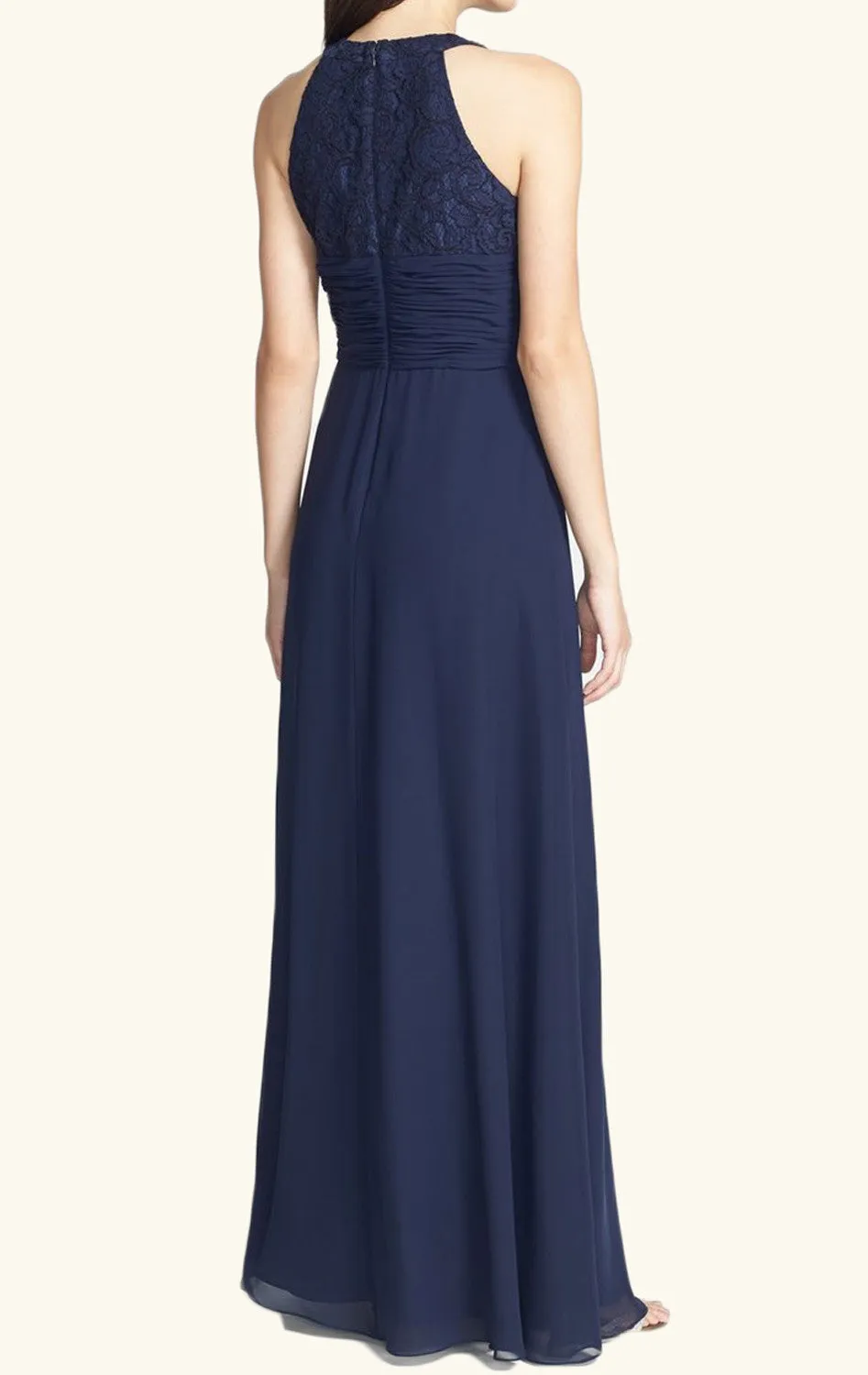 MACloth Halter Lace Chiffon Long Bridesmaid Dress Dark Navy Prom Formal Gown