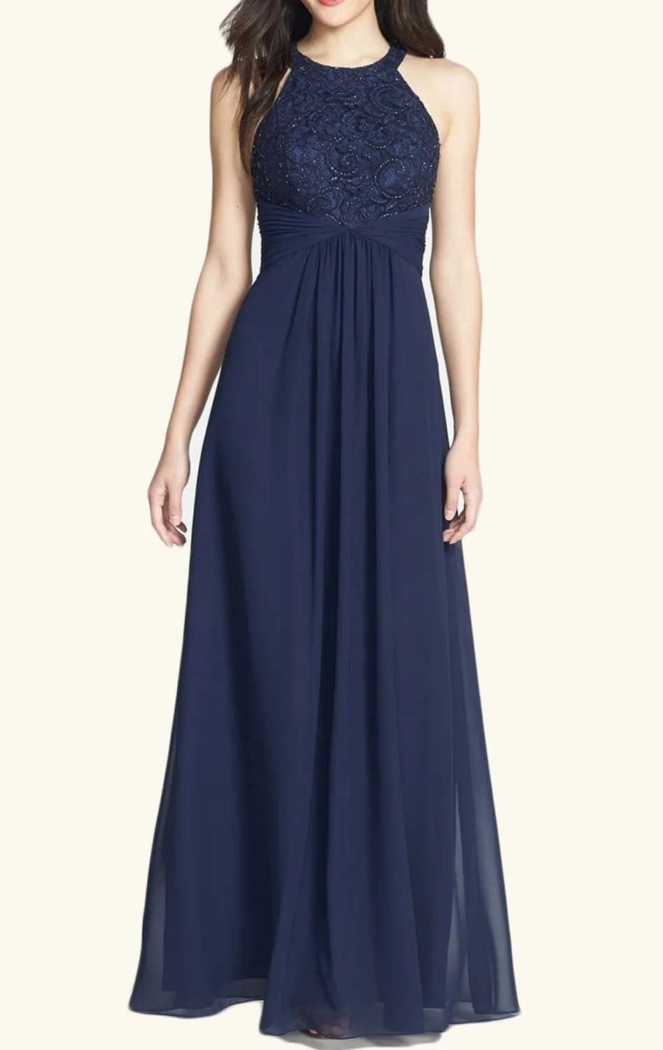 MACloth Halter Lace Chiffon Long Bridesmaid Dress Dark Navy Prom Formal Gown