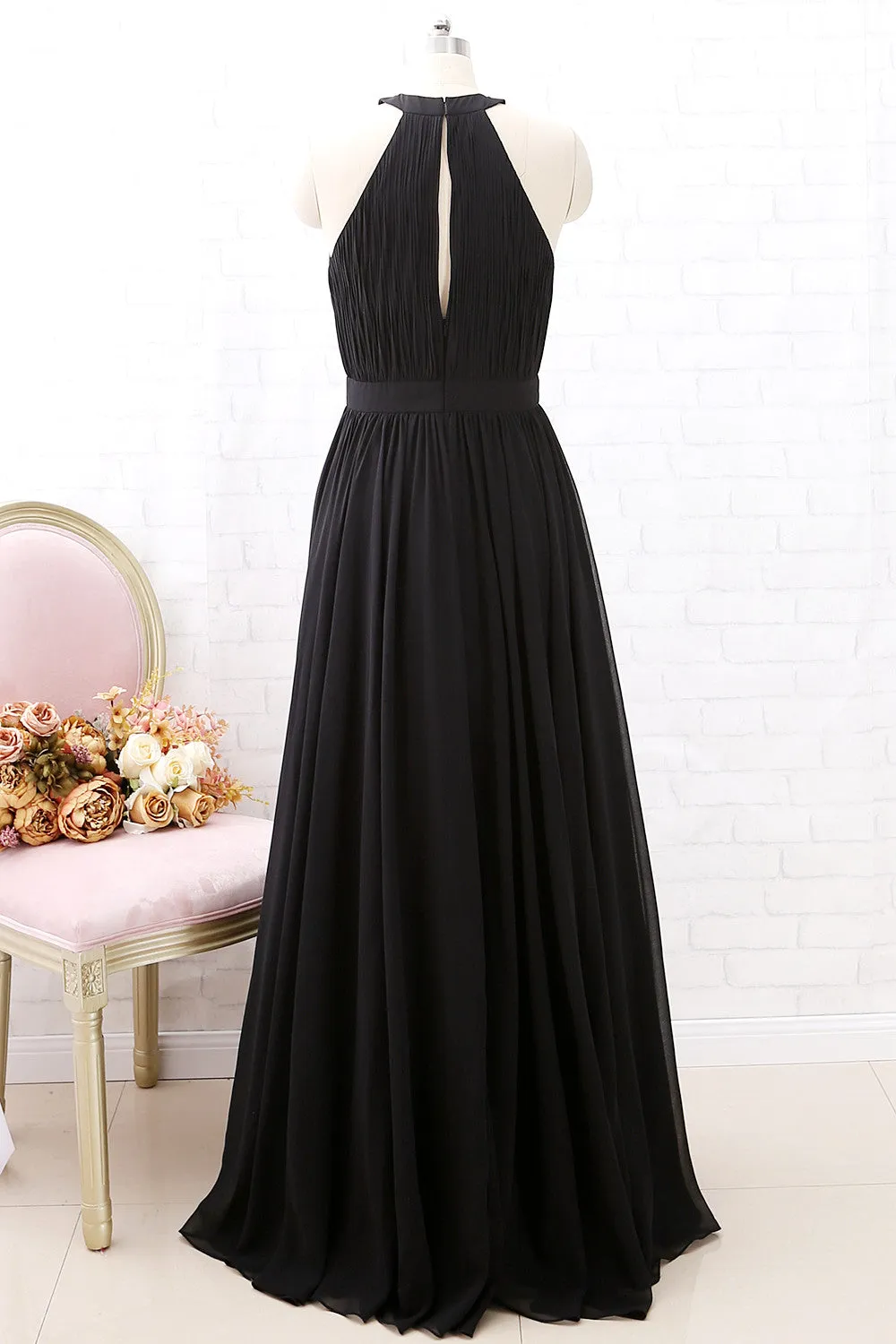 MACloth Halter O Neck Chiffon Long Bridesmaid Dress Black Formal Evening Gown