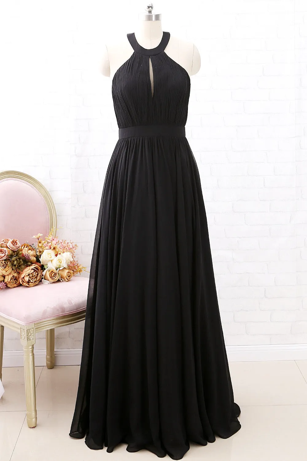 MACloth Halter O Neck Chiffon Long Bridesmaid Dress Black Formal Evening Gown