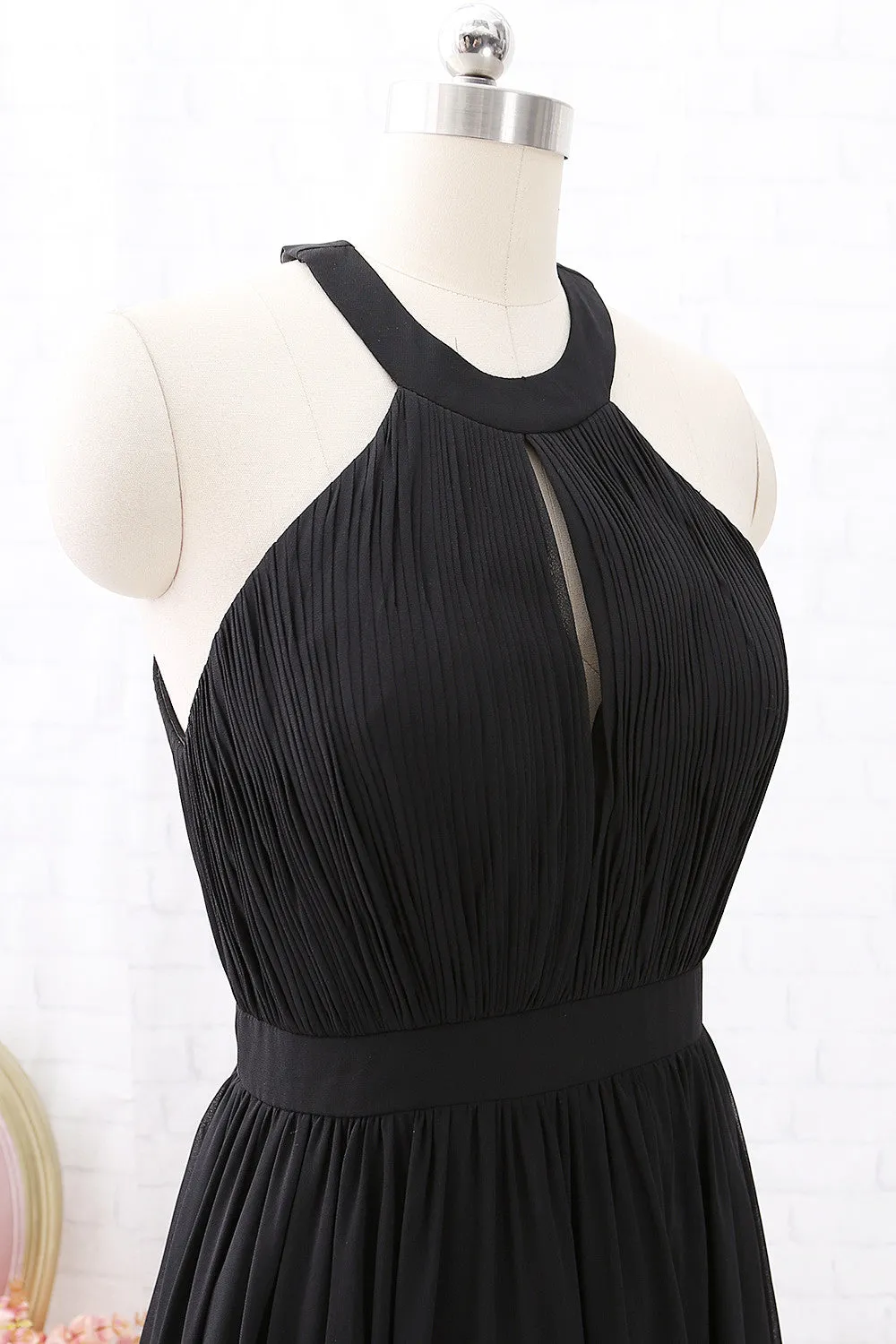 MACloth Halter O Neck Chiffon Long Bridesmaid Dress Black Formal Evening Gown