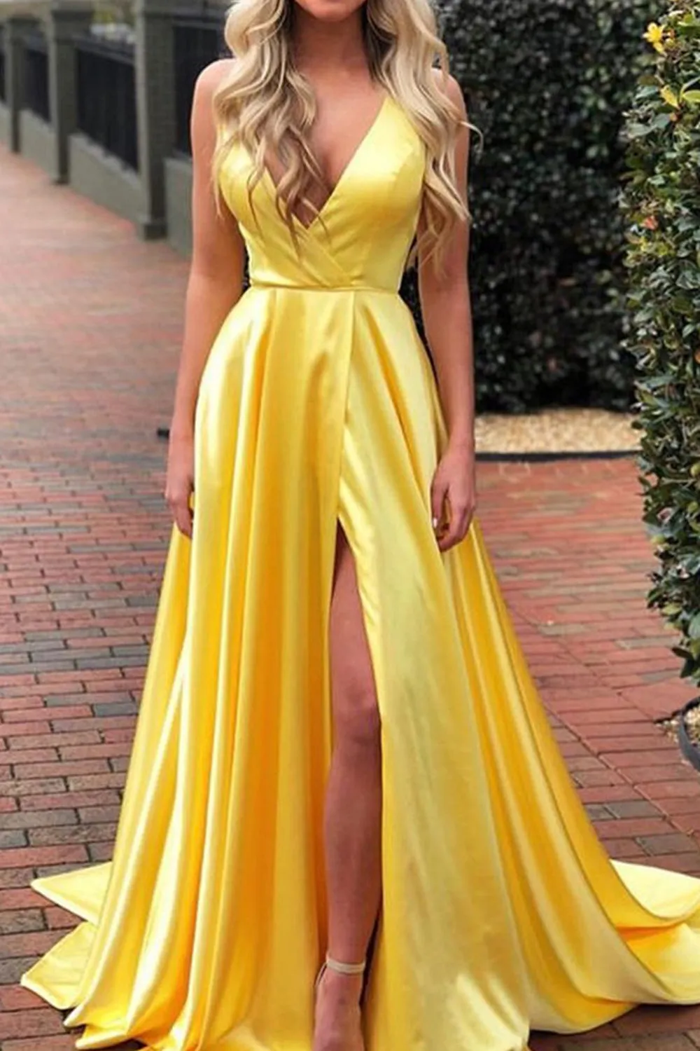 MACloth Halter V Neck Satin Long Prom Dress Royal Blue / Yellow Formal Evening Gown