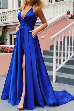 MACloth Halter V Neck Satin Long Prom Dress Royal Blue / Yellow Formal Evening Gown
