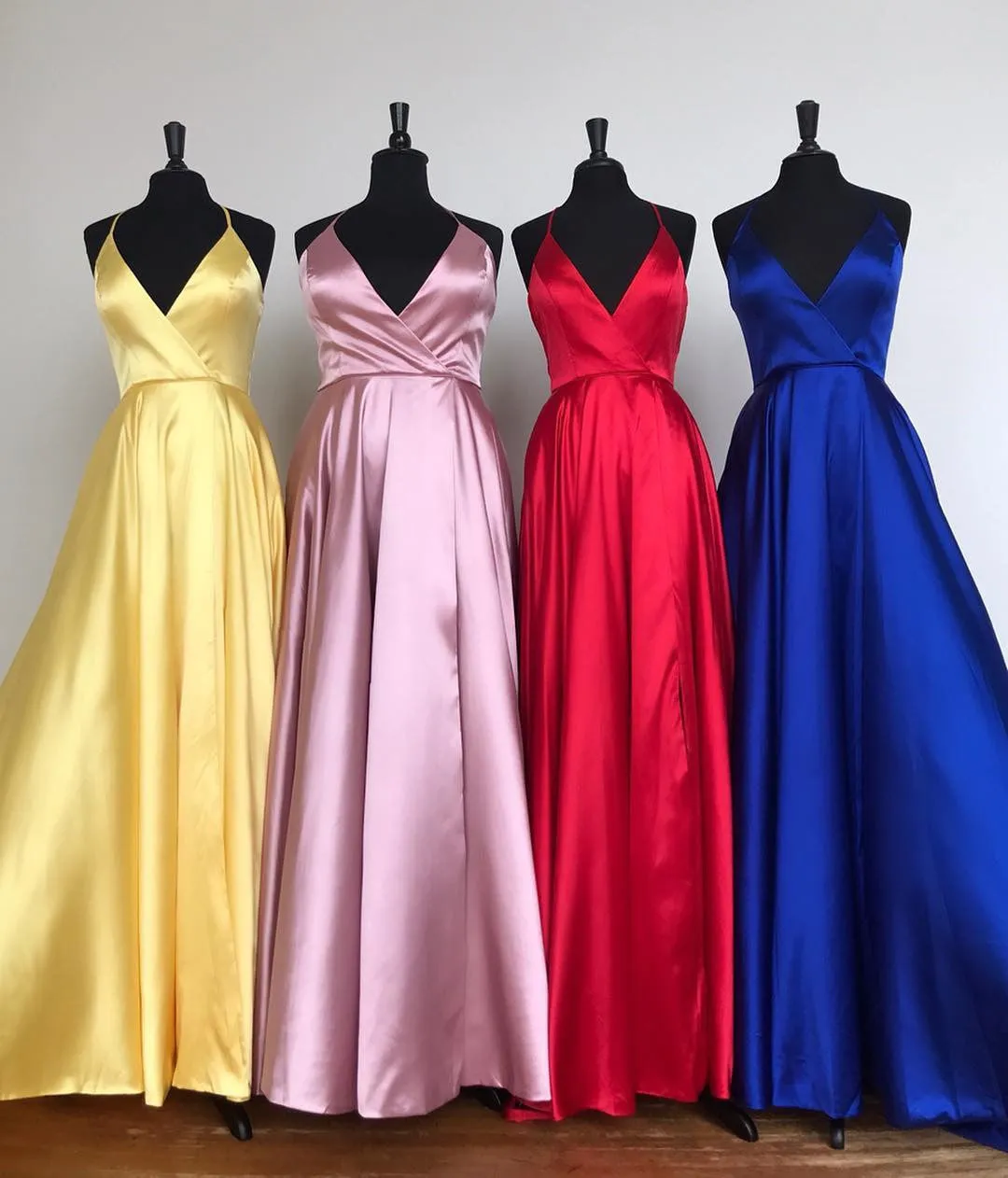 MACloth Halter V Neck Satin Long Prom Dress Royal Blue / Yellow Formal Evening Gown