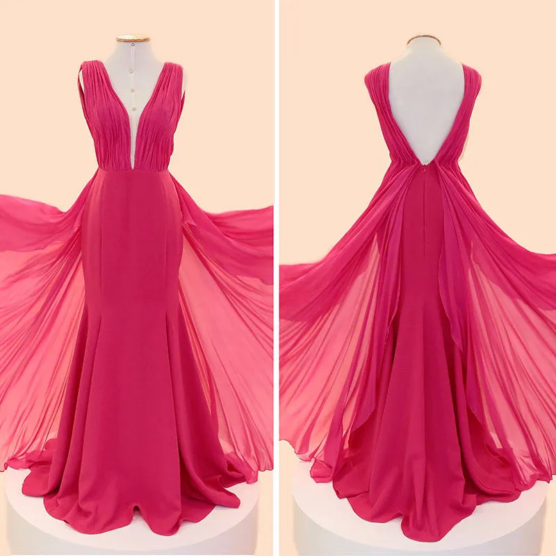 MACloth Mermaid Straps V Neck Chiffon Long Prom Dress Fuchsia Formal Gown