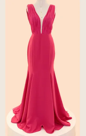 MACloth Mermaid Straps V Neck Chiffon Long Prom Dress Fuchsia Formal Gown