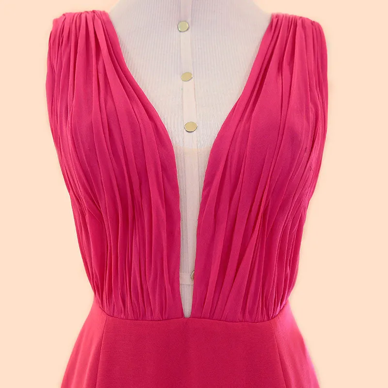 MACloth Mermaid Straps V Neck Chiffon Long Prom Dress Fuchsia Formal Gown