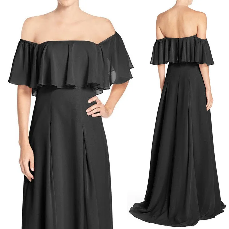 MACloth Off the Shoulder Chiffon Long Bridesmaid Dress Black Evening Formal Gown