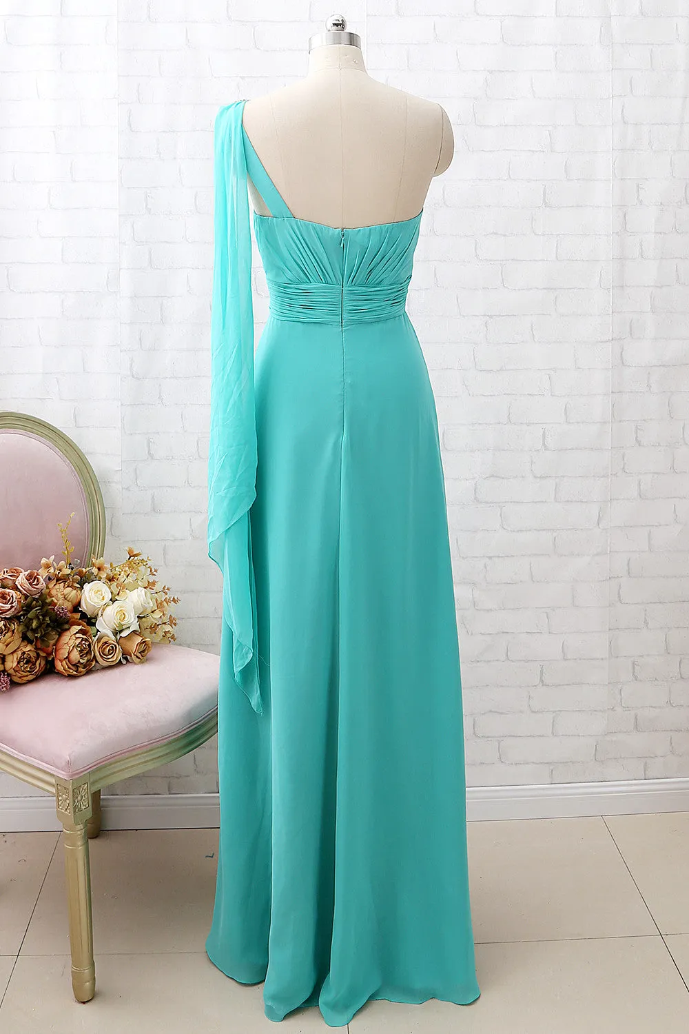 MACloth One Shoulder Chiffon Long Bridesmaid Dress Turquoise Formal Party Dress
