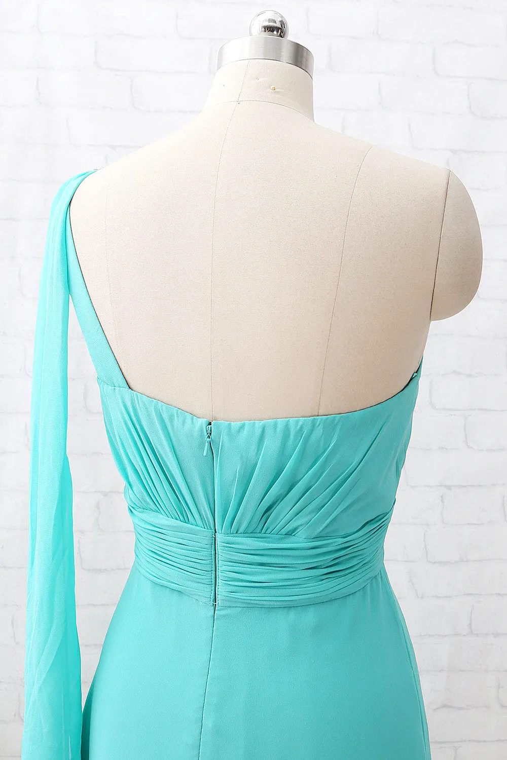 MACloth One Shoulder Chiffon Long Bridesmaid Dress Turquoise Formal Party Dress
