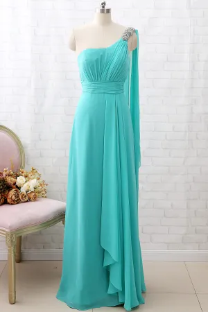 MACloth One Shoulder Chiffon Long Bridesmaid Dress Turquoise Formal Party Dress