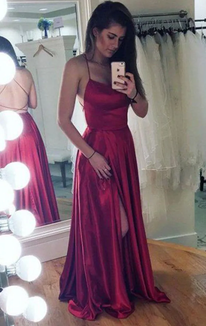 MACloth Spaghetti Straps Satin Chiffon Long Prom Dress Red Formal Evening Gown