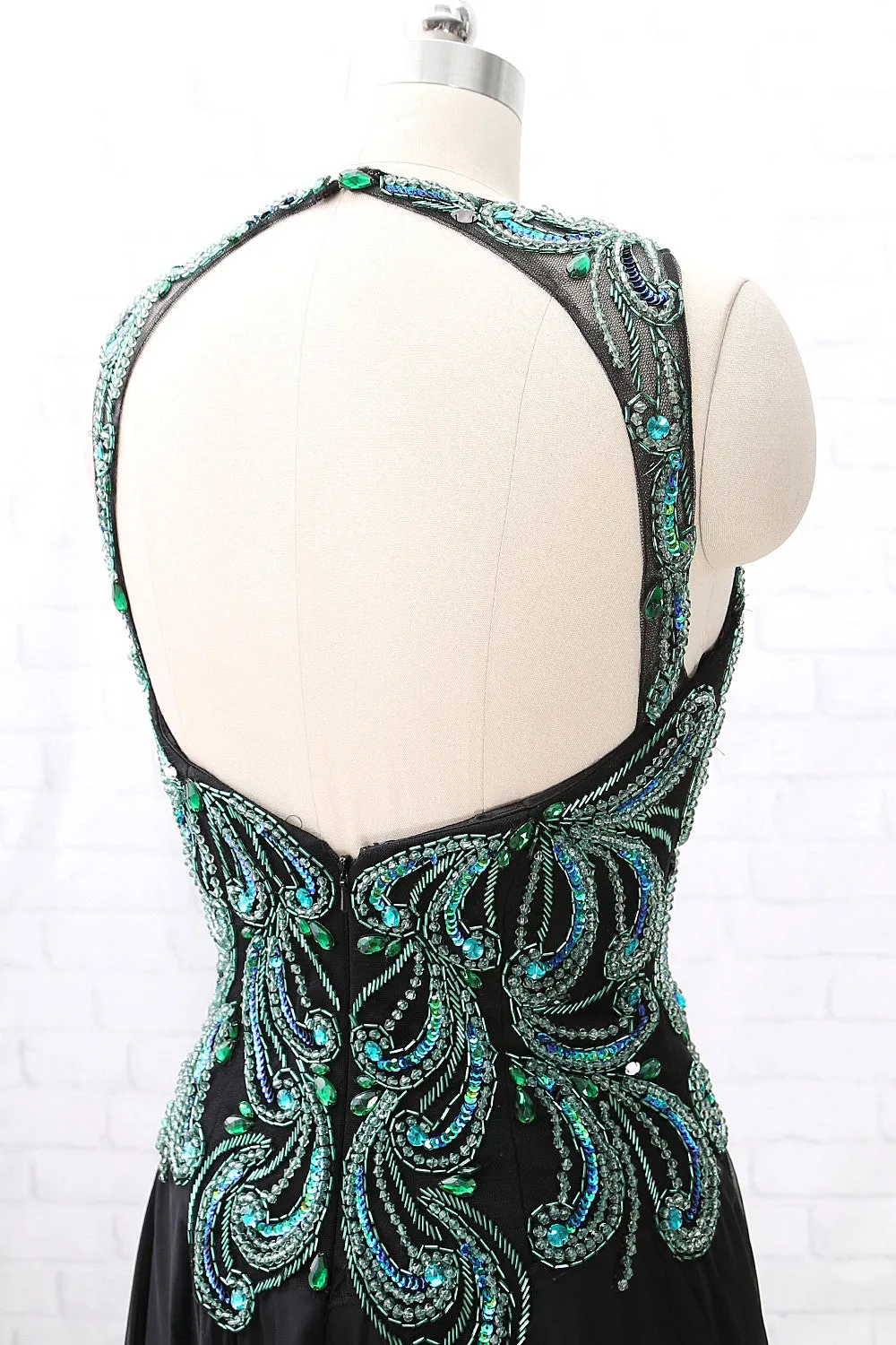 MACloth Straps Green Beaded Black Chiffon Long Prom Dress Formal Evening Gown