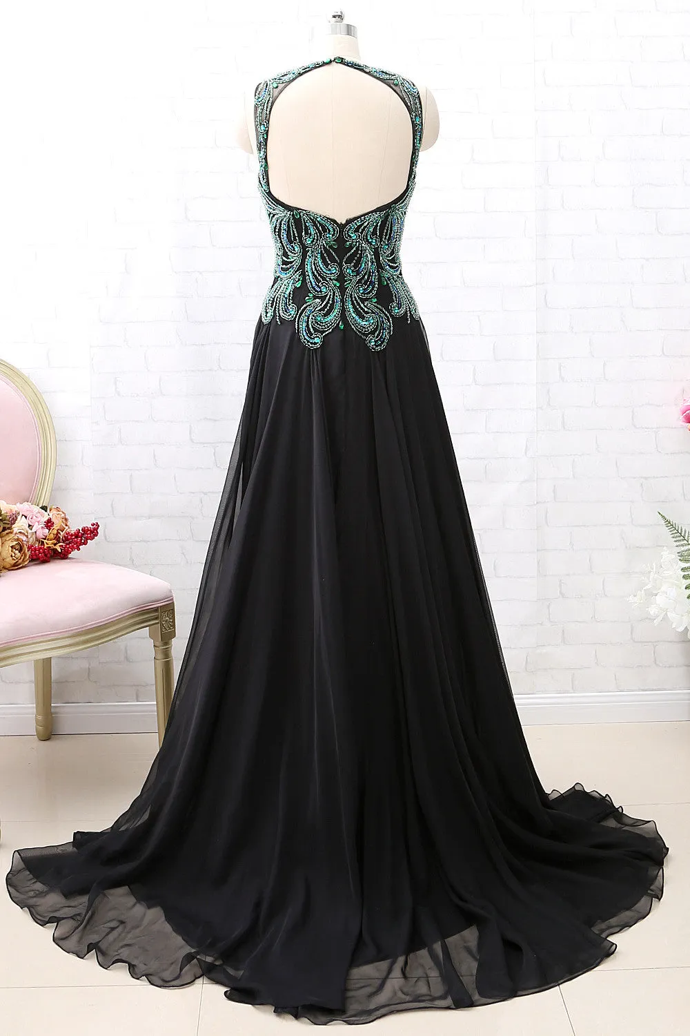 MACloth Straps Green Beaded Black Chiffon Long Prom Dress Formal Evening Gown