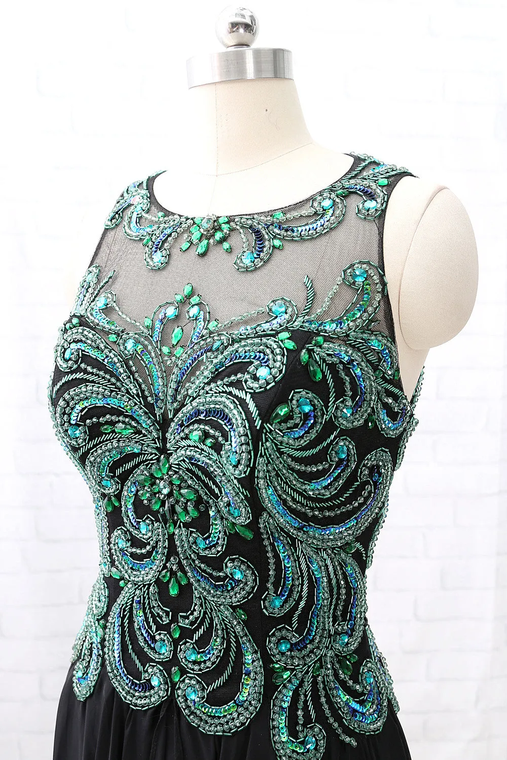 MACloth Straps Green Beaded Black Chiffon Long Prom Dress Formal Evening Gown