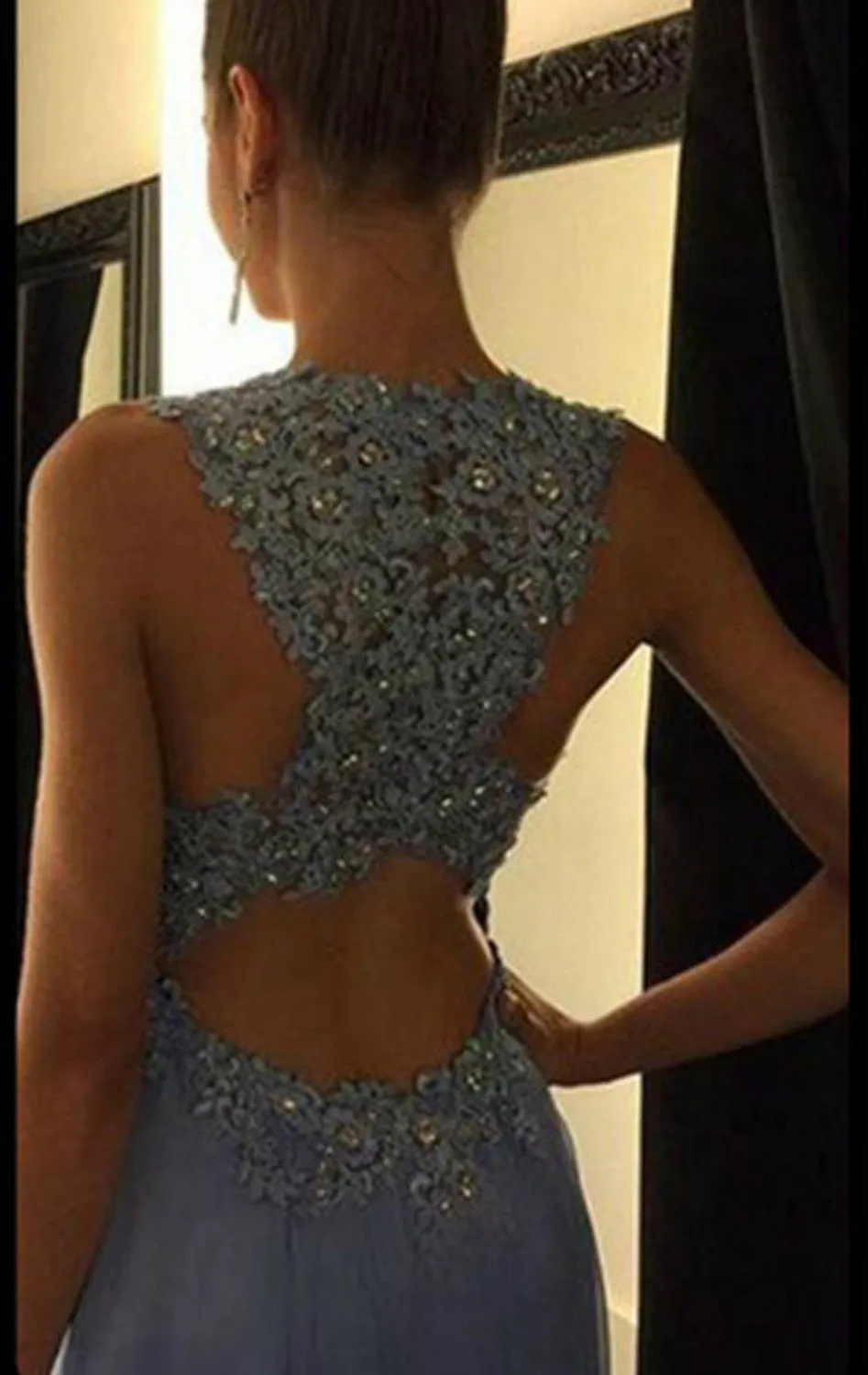 MACloth Straps High Neck Lace Chiffon Long Prom Dress Sky Blue Formal Ball Gown