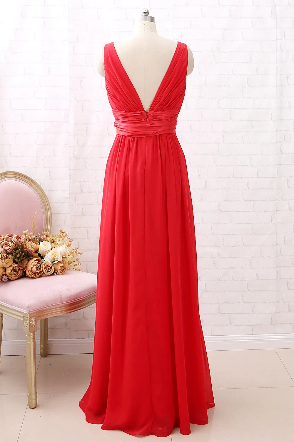 MACloth Straps V Neck Chiffon Long Bridesmaid Dress with Belt Red Formal Evening Gown