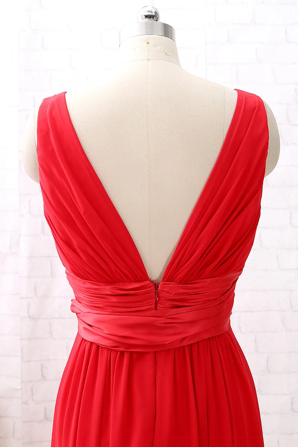 MACloth Straps V Neck Chiffon Long Bridesmaid Dress with Belt Red Formal Evening Gown