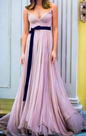 MACloth Straps V Neck Chiffon Long Prom Dress Pale Pink Formal Evening Gown