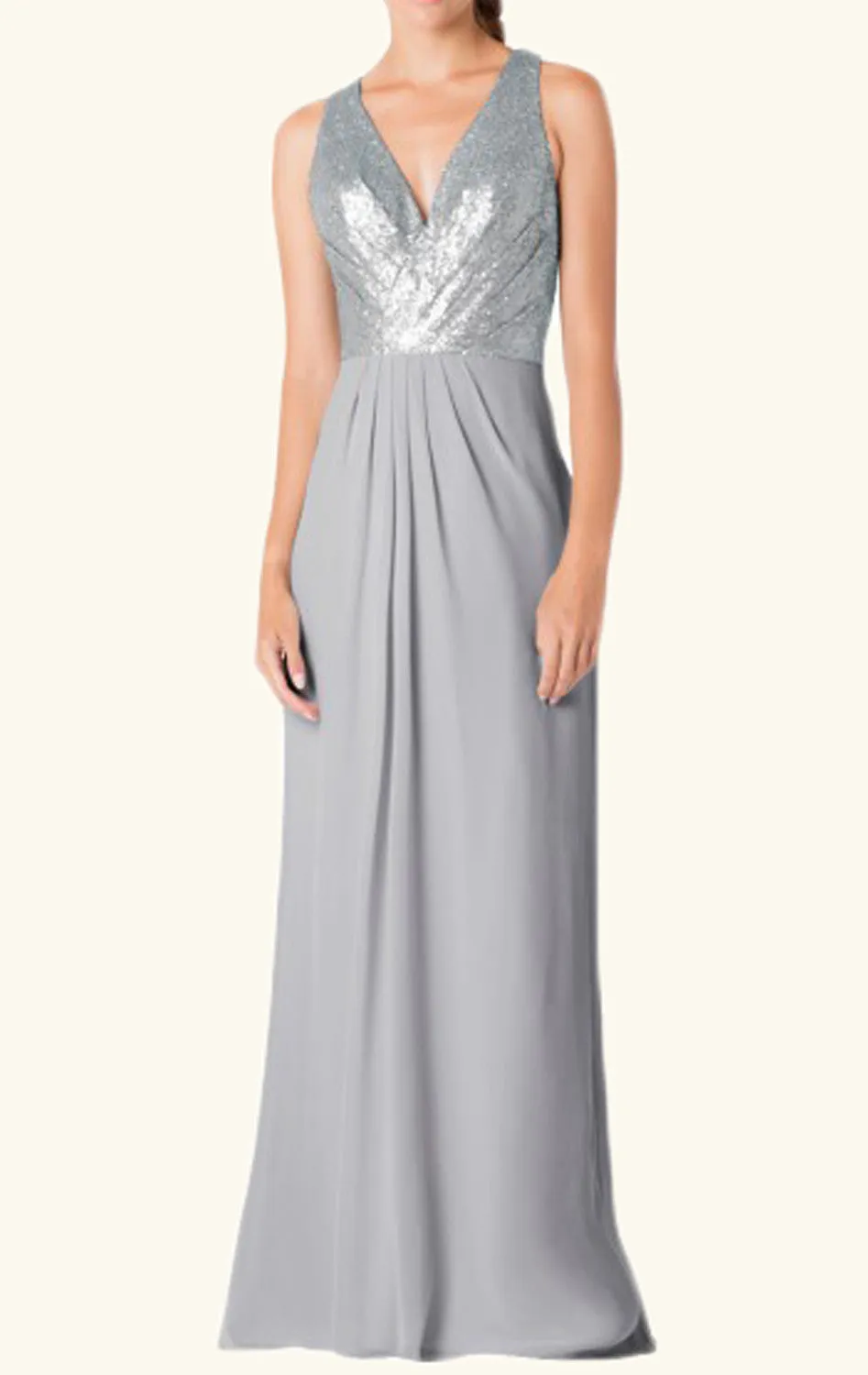 MACloth Straps V neck Chiffon Sequin Long Bridesmaid Dress Silver Formal Gown