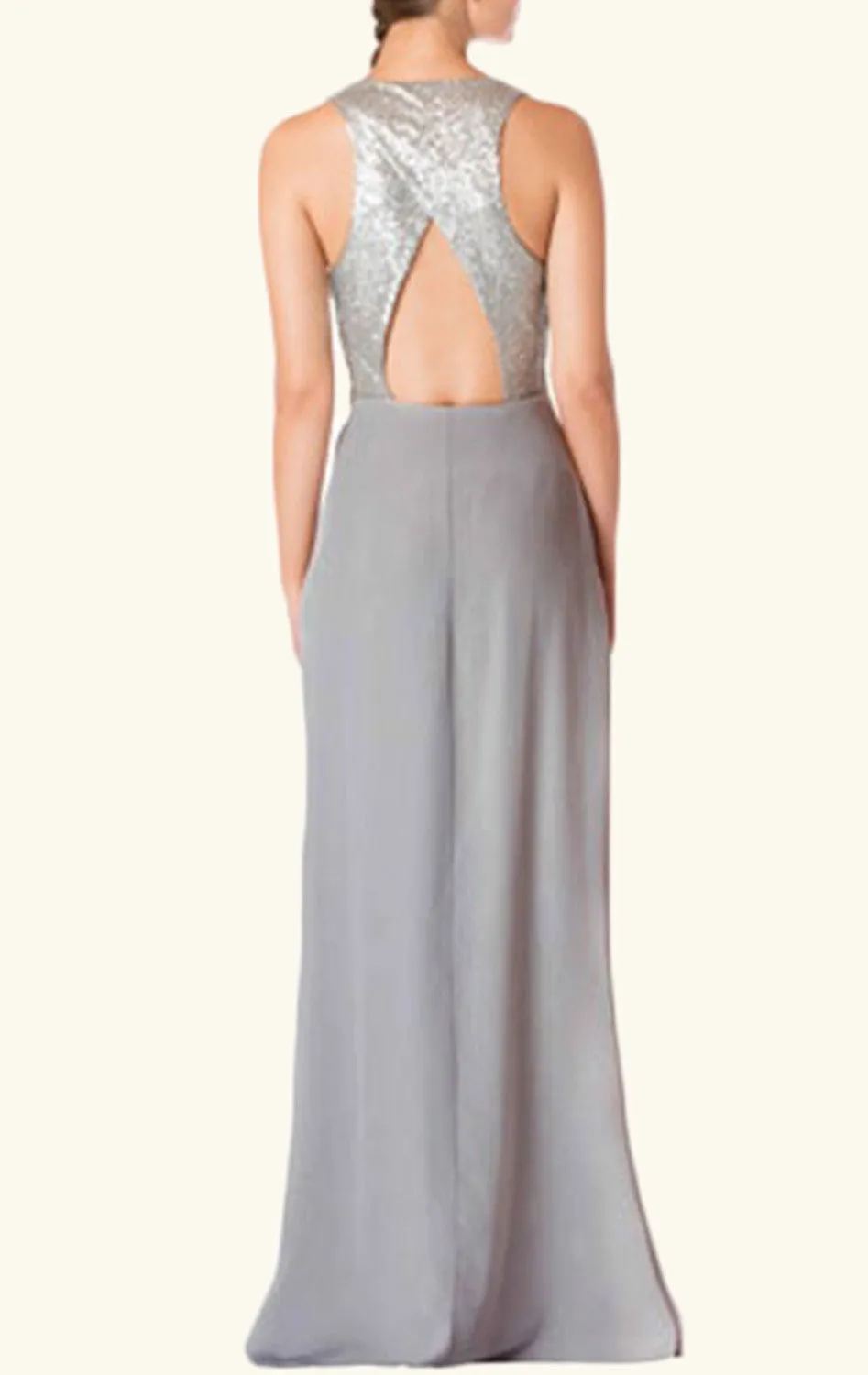 MACloth Straps V neck Chiffon Sequin Long Bridesmaid Dress Silver Formal Gown
