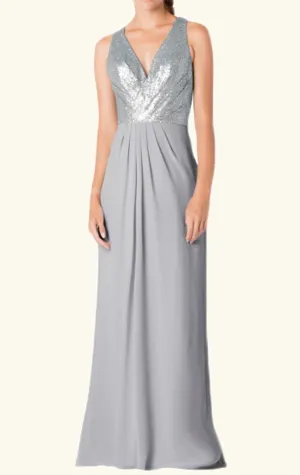 MACloth Straps V neck Chiffon Sequin Long Bridesmaid Dress Silver Formal Gown