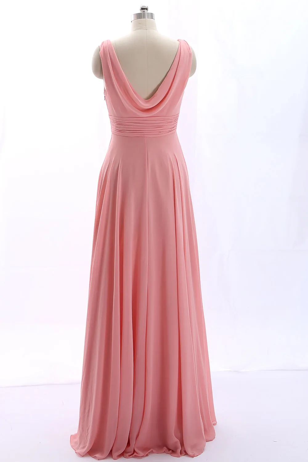 MACloth Straps V Neck Cowl Back Chiffon Peach Prom Dress Long Bridesmaid Gown