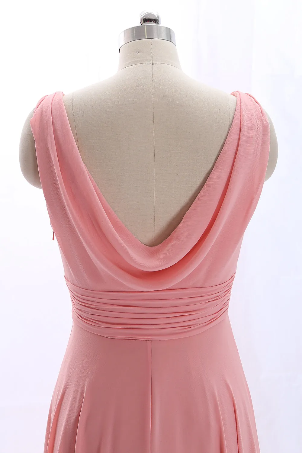 MACloth Straps V Neck Cowl Back Chiffon Peach Prom Dress Long Bridesmaid Gown
