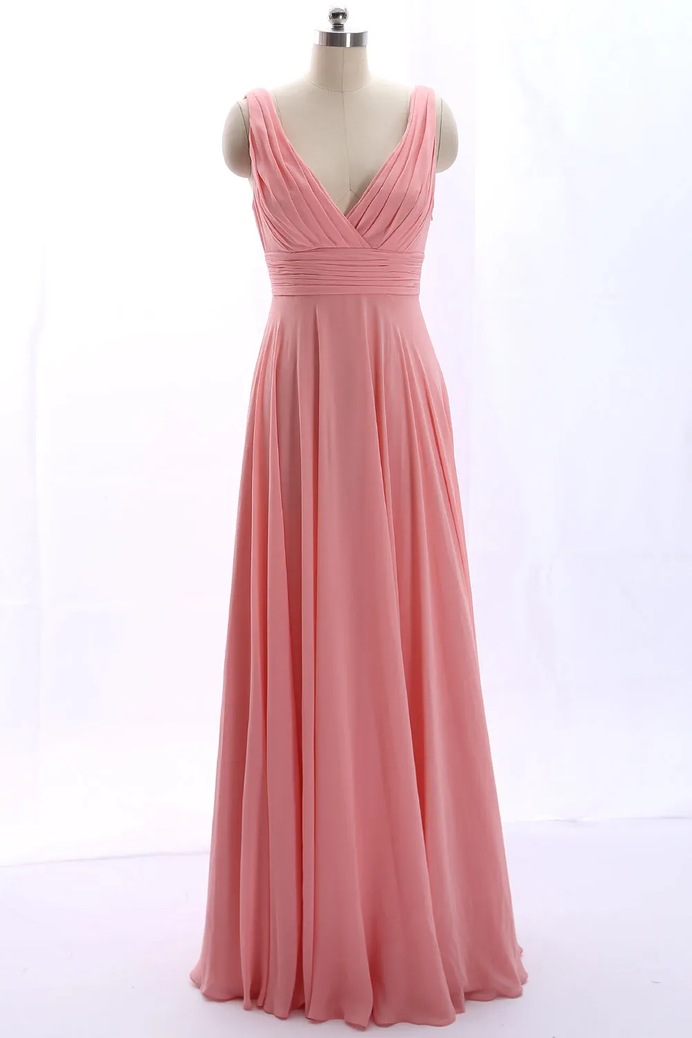 MACloth Straps V Neck Cowl Back Chiffon Peach Prom Dress Long Bridesmaid Gown